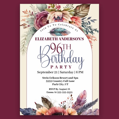 Boho Floral and Feather 96th Birthday Invitation