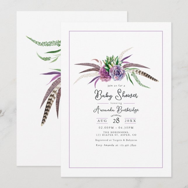 Boho Floral and Feather Baby Shower Invitation (Front/Back)