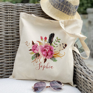 Floral Tote Bag Personalized Name Birthday Pink Flowers Canvas Wedding  Bride Bridesmaid Mother of the Bride Girl Gift Watercolor Wreath