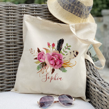 Boho Floral And Feather Bridesmaid Personalized Tote Bag by Precious_Presents at Zazzle