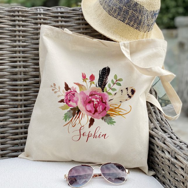 Boho floral and feather Bridesmaid Personalized Tote Bag (Creator Uploaded)
