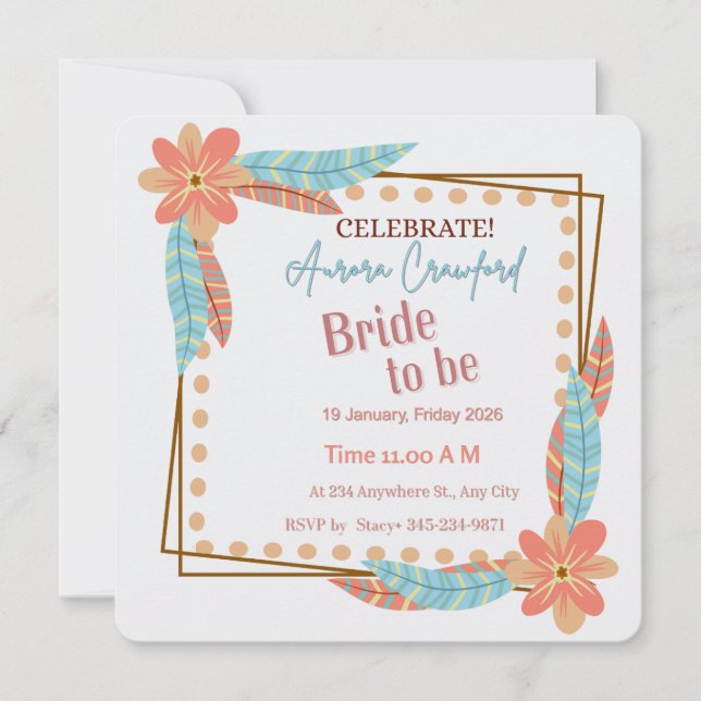 Boho Floral and Feather Square Bridal Shower Invit Invitation (Front)