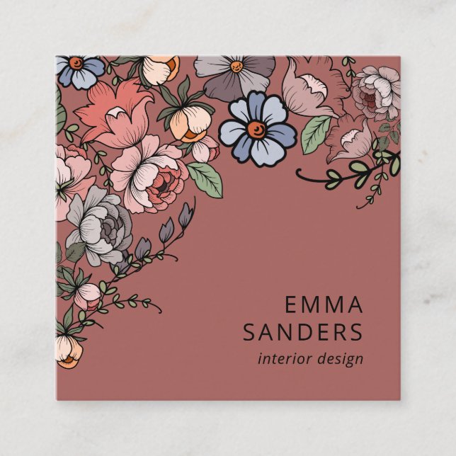 Boho Floral And Foliage Copper Brown Square Business Card (Front)