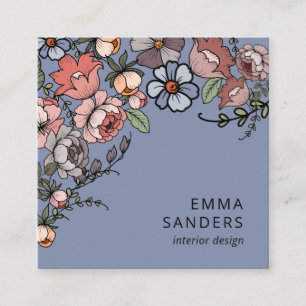 Boho Floral And Foliage Dusty Blue Square Business Card