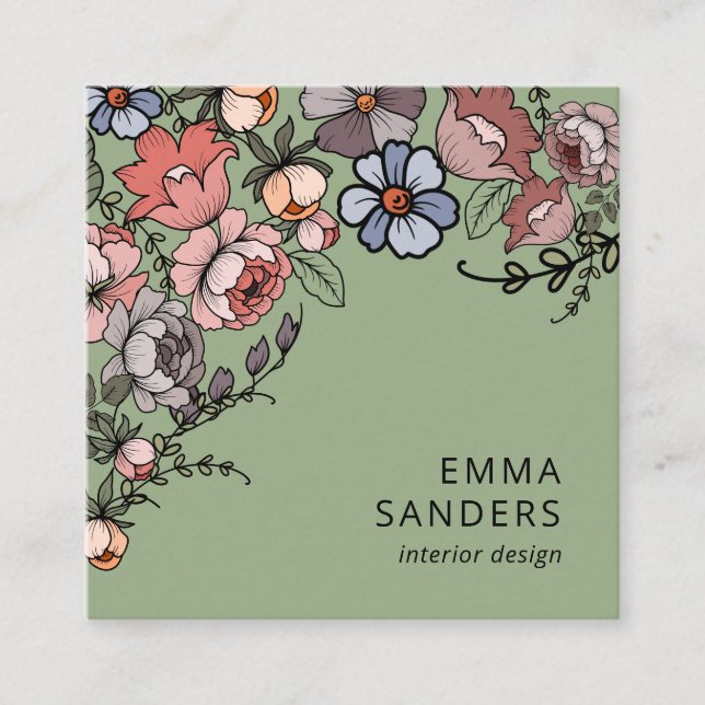 Boho Floral And Foliage Green Square Business Card (Front)