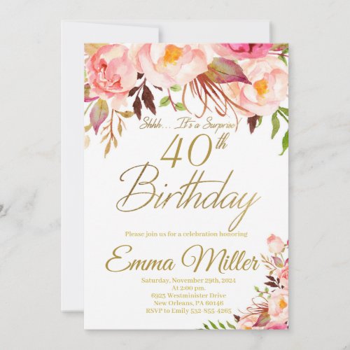 Boho Floral and Gold Surprise 40th Birthday Invitation