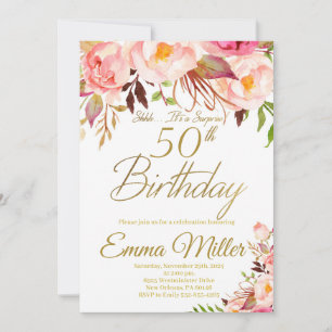 Boho Floral and Gold Surprise 50th Birthday Invitation