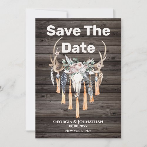 Boho floral antler deer skull tribal country save the date