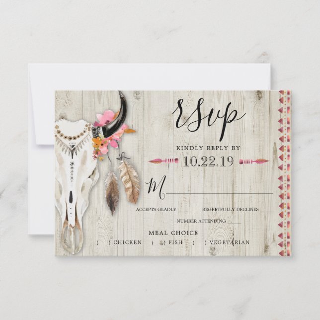 Boho Floral Antler Meal Choice Rustic Wood Wedding RSVP Card (Front)