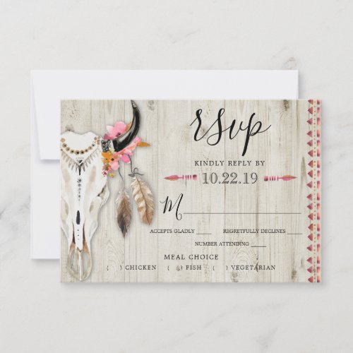 Boho Floral Antler Meal Choice Rustic Wood Wedding RSVP Card