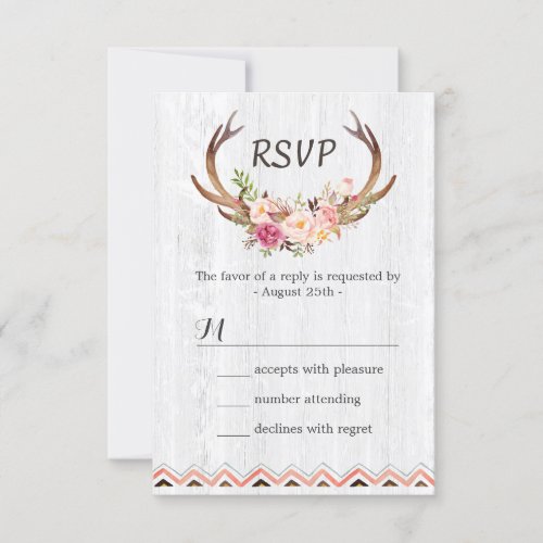 Boho Floral Antler Rustic White Wood Wedding RSVP