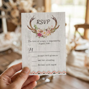 Boho Floral Antler Rustic White Wood Wedding RSVP Card