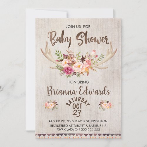 Boho Floral Antlers Baby Shower Invitation