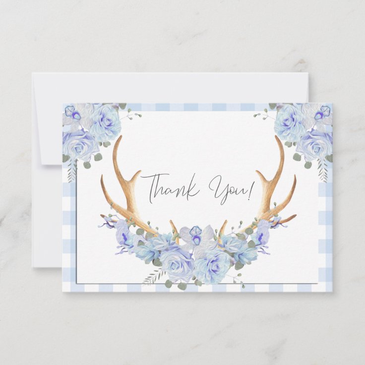 BOHO Floral Antlers Blue Gingham Thank You Card Zazzle