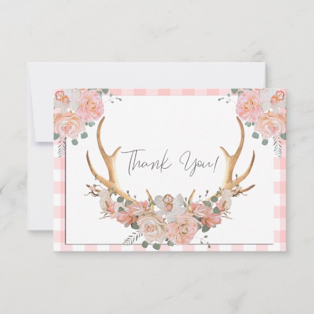 BOHO Floral Antlers Coral Gingham Thank You Card (Front)