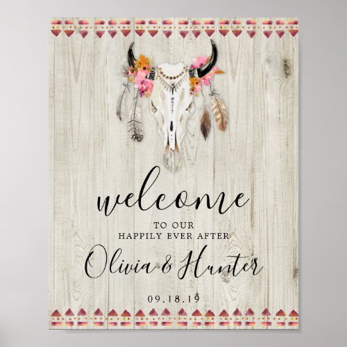 Boho Floral Antlers Cow Skull Welcome Wedding Poster