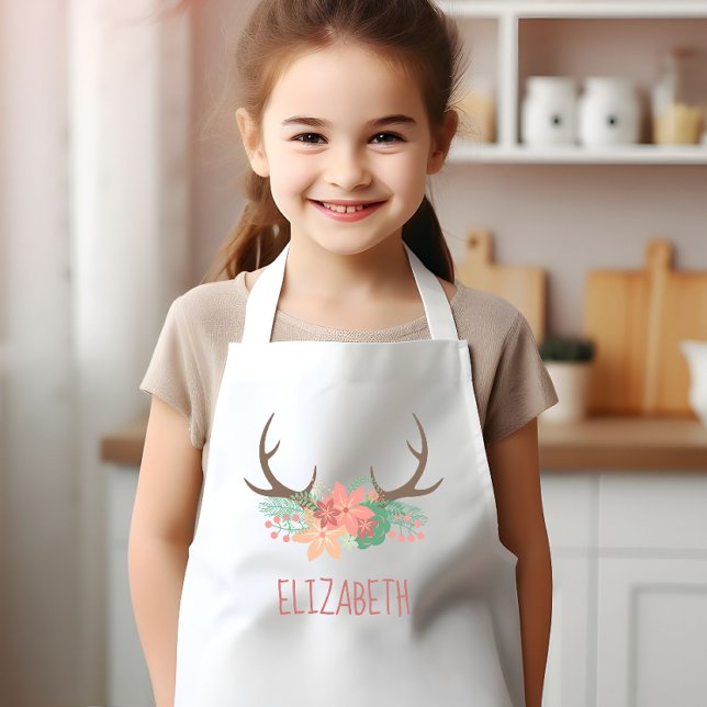 Boho Floral Antlers Cute Personalized Kids' Apron (Creator Uploaded)