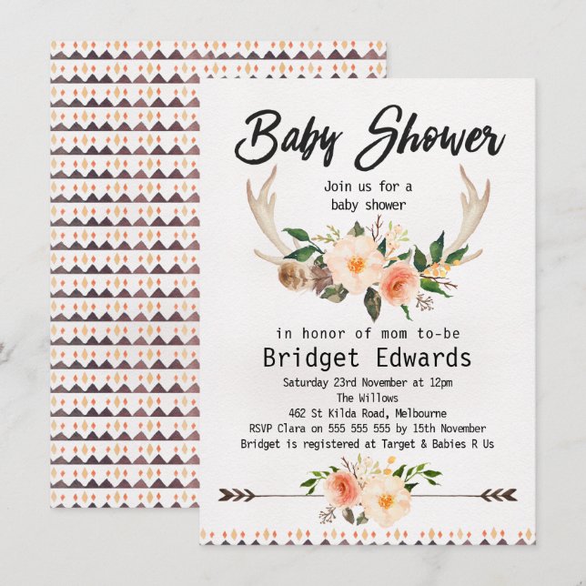 Boho Floral Antlers Neutral Baby Shower Invitation (Front/Back)