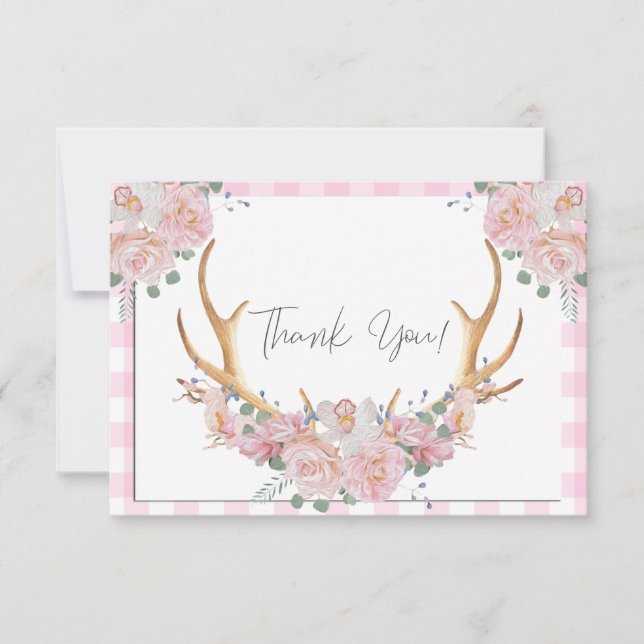 BOHO Floral Antlers Pink Gingham Thank You Card (Front)