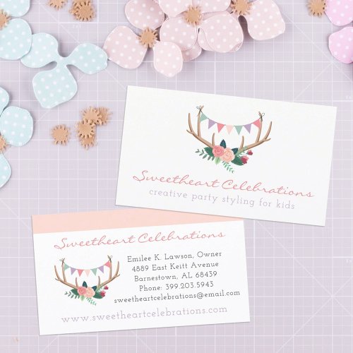Boho Floral Antlers  Shabby Roses Party Bunting Business Card