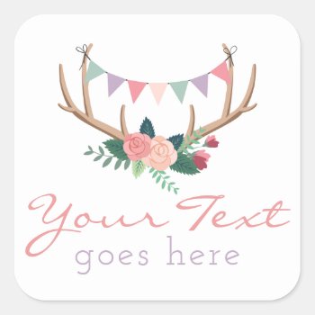 Boho Floral Antlers & Shabby Roses Party Bunting Square Sticker by CyanSkyDesign at Zazzle