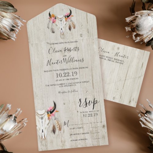 Boho Floral Antlers Skull Wood Wedding All In One Invitation