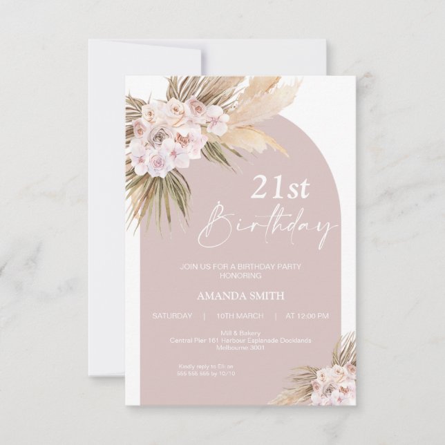 Boho Floral Arch 21st Birthday Invitation (Front)
