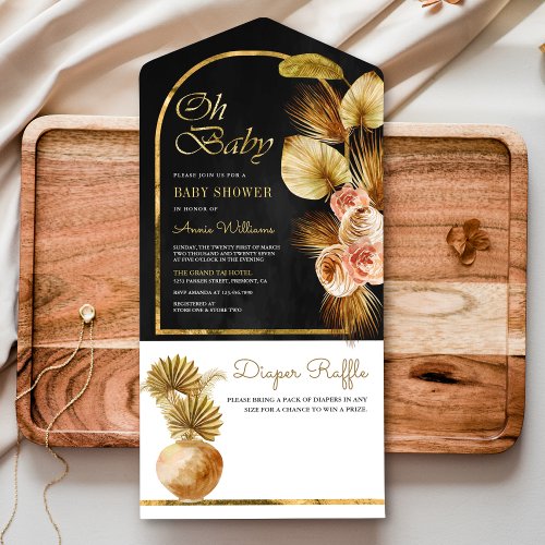 Boho Floral Arch Dried Palm Charcoal Baby Shower All In One Invitation