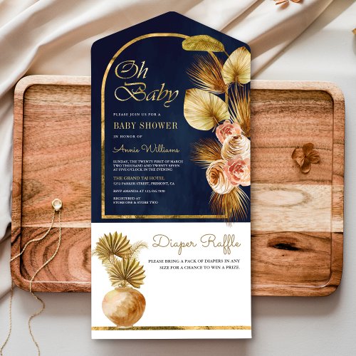 Boho Floral Arch Dried Palm Navy Blue Baby Shower All In One Invitation