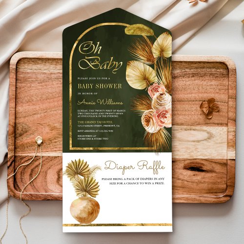 Boho Floral Arch Dried Palm Sage Green Baby Shower All In One Invitation