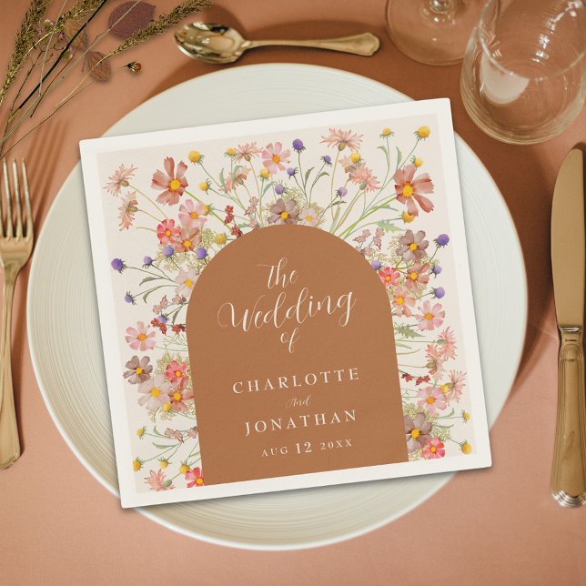 Boho Floral Arch Fall Wedding Napkins (Terracotta brown beige boho chic floral arch fall wedding personalized napkin)