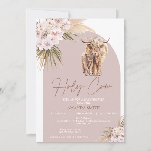 Boho Floral Arch Holy Cow Baby Shower Invitation