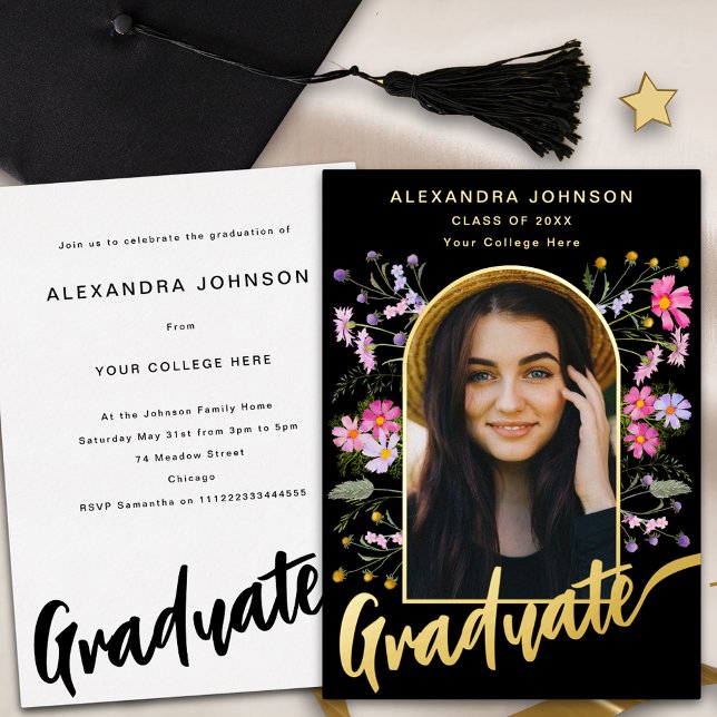 Boho Floral Arch Photo Script Grad Party Gold Foil Invitation (Boho floral graduate photo arch pink black and gold foil script Graduation party invitation)