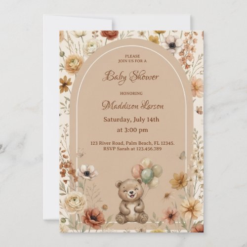 Boho Floral Arch Teddy Bear Gender Neutral Cream Invitation