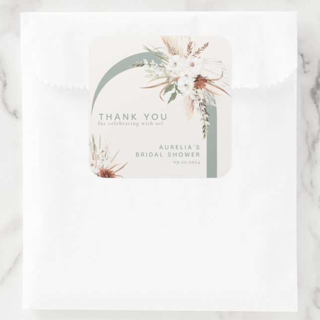 Boho Floral Arch Thank You Square Sticker (Bag)