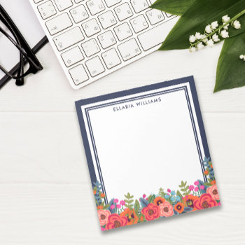 Boho Floral Arrangement - Navy Blue & White - Name Notepad by birchandoak at Zazzle