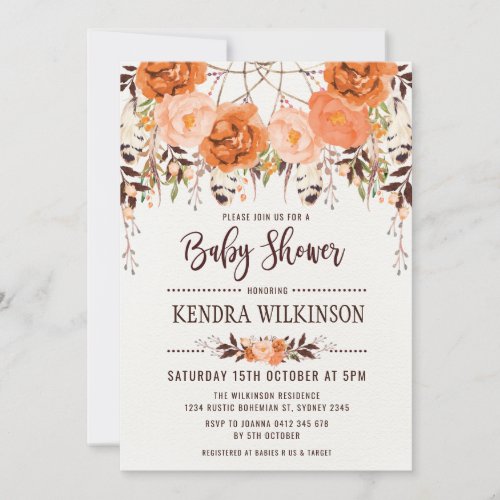 Boho Floral Autumn Baby Shower Invitation Rustic
