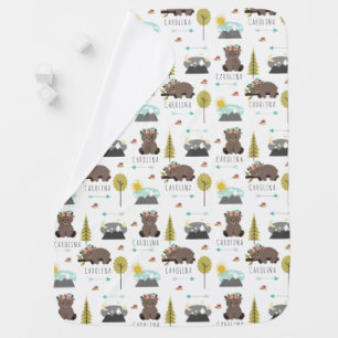 Boho Floral Baby Bear Woodland Pattern Blanket