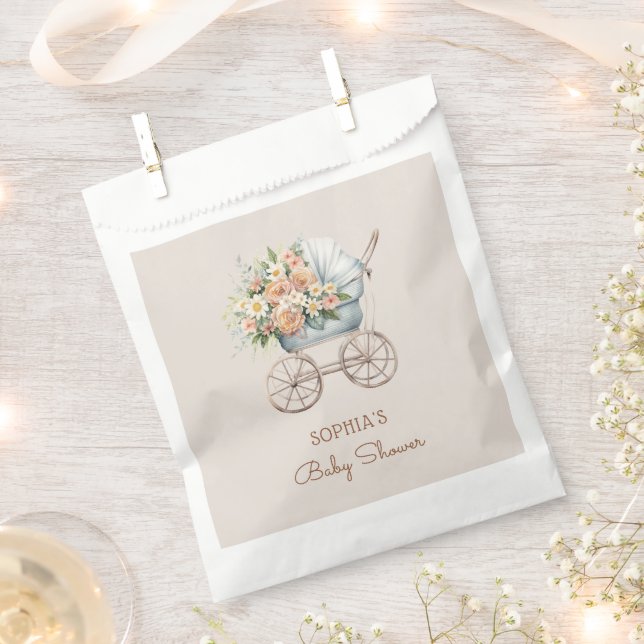 Boho Floral Baby Carriage Baby Shower Favor Bag (Clipped)