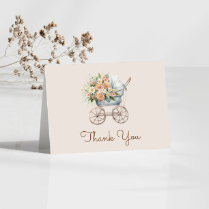 Boho Floral Baby Carriage Baby Shower Letterpress Thank You Card