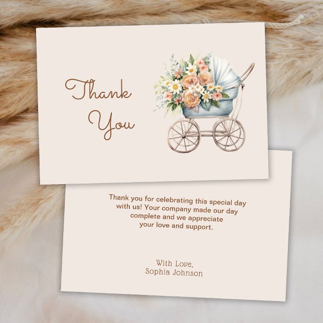 Boho Floral Baby Carriage Baby Shower Thank You Card (Creator Uploaded)