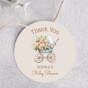 Boho Floral Baby Carriage Baby Shower Thank You Classic Round Sticker