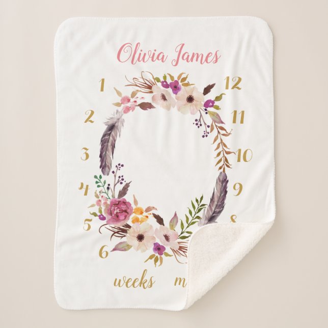 Boho Floral Baby Milestone Monthly Sherpa Blanket (Front)