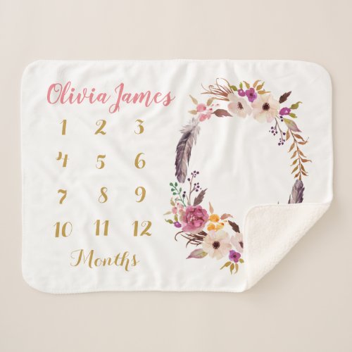 Boho Floral Baby Milestone Monthly Sherpa Blanket