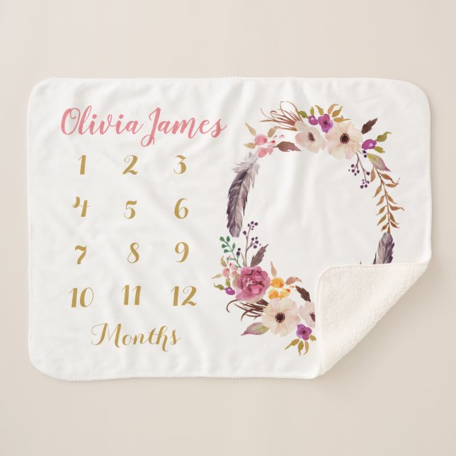 Boho Floral Baby Milestone Monthly Sherpa Blanket (Front (Horizontal))