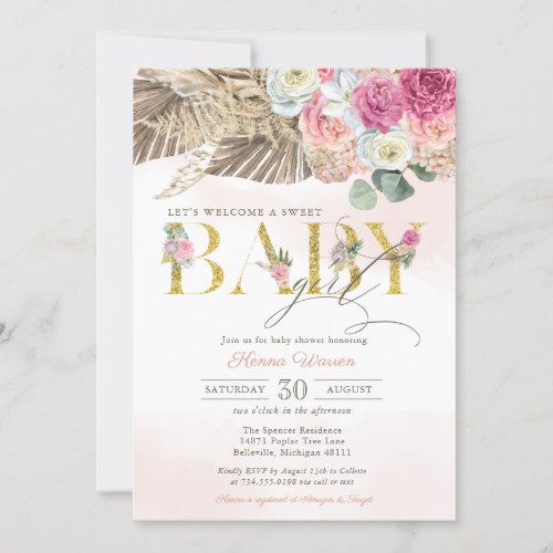 Boho Floral BABY Pampas  Palm Girl Baby Shower In Invitation