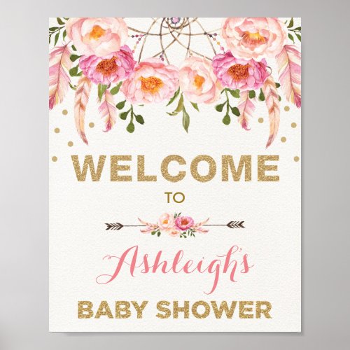 Boho Floral Baby Shower Blush Dreamcatcher Welcome Poster