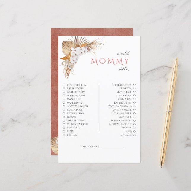Boho Floral Baby Shower Game Would Mommy Rather (Front/Back In Situ)