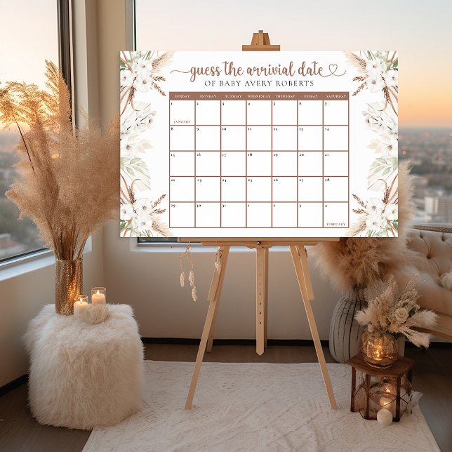 Boho Floral Baby Shower Guess the Date Calendar  Foam Board (Fun Baby Shower Activity - Guess baby's birthday!)