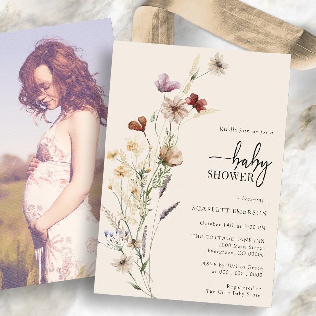 Boho Floral Baby Shower Invitation (Boho Wildflower Floral Baby Shower Invitation with photo on the back by Painted Paperie
)